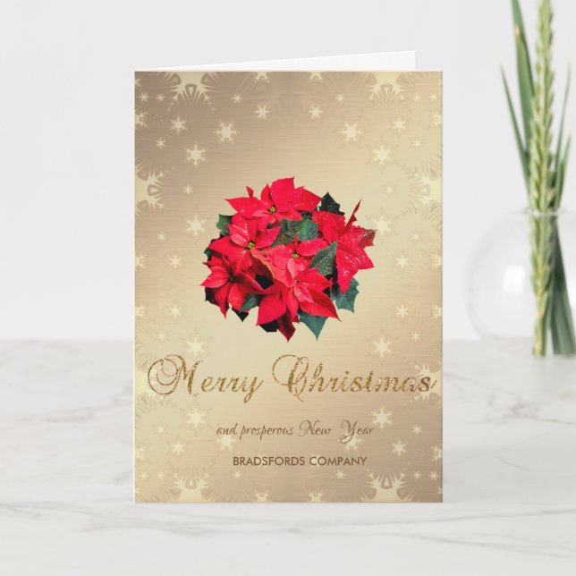 Poinsettia , Gold Snowflakes ,Corporate Greeting Holiday Card (Front)