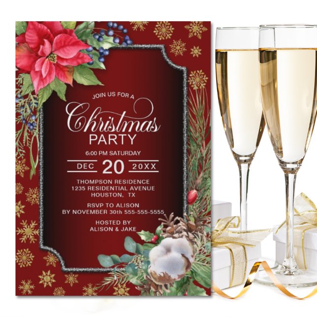  Poinsettia Gold Snowflakes Red Christmas Party Invitation (Creator Uploaded)