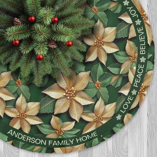 Poinsettia Green & Gold Festive Words Christmas Brushed Polyester Tree Skirt