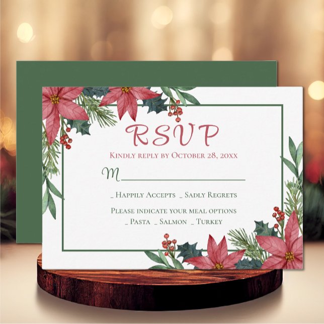 Poinsettia Green Red Christmas Floral Wedding RSVP Card (Creator Uploaded)