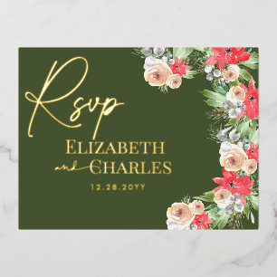 Poinsettia Greenery Christmas Holiday RSVP Foil Invitation Postcard