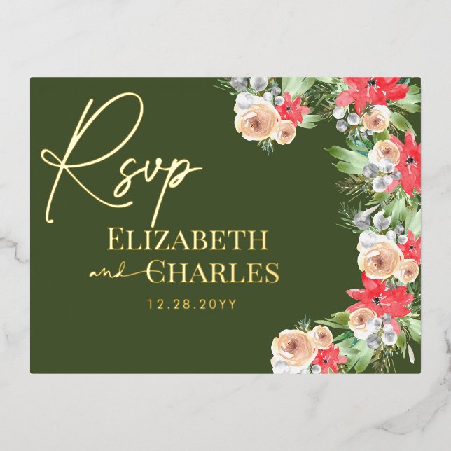Poinsettia Greenery Christmas Holiday RSVP Foil Invitation Postcard (Front)