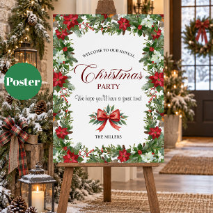 Poinsettia Greenery Christmas Party Welcome Poster