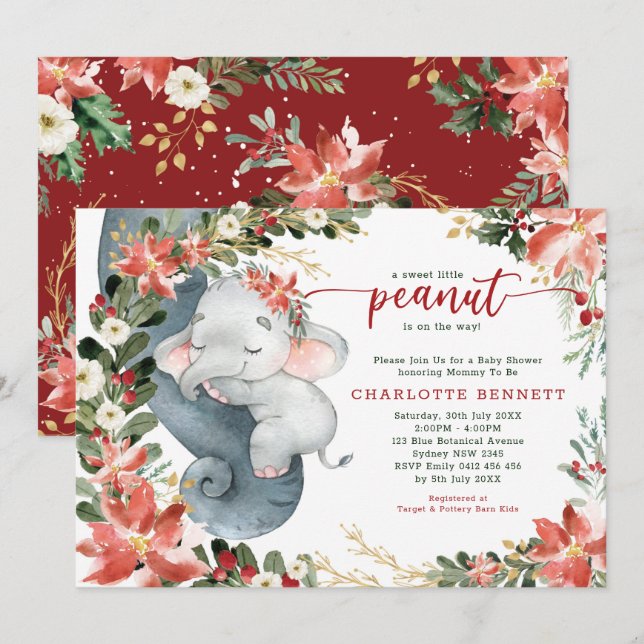 Poinsettia Greenery Elephant Holiday Baby Shower Invitation (Front/Back)