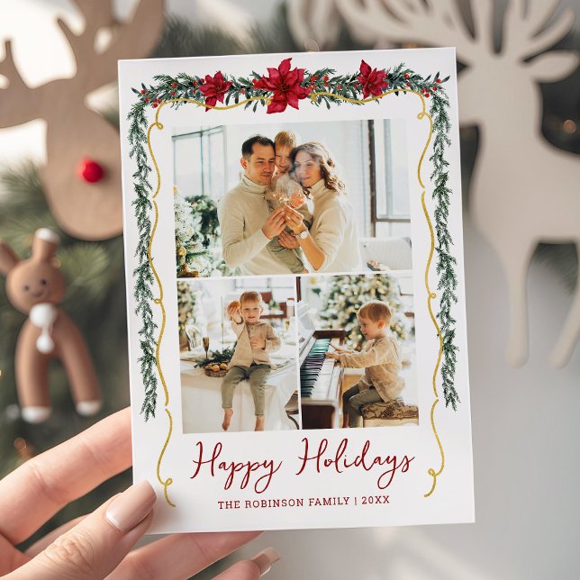 Poinsettia Greenery Gold Happy Holidays 3 Photo Holiday Card (Creator Uploaded)