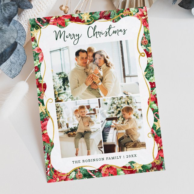 Poinsettia Greenery Pattern Christmas 3 Photo Holiday Card (Creator Uploaded)