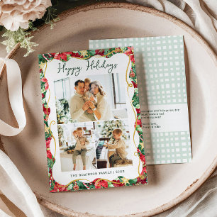Poinsettia Greenery Pattern Happy Holidays 3 Photo Holiday Card