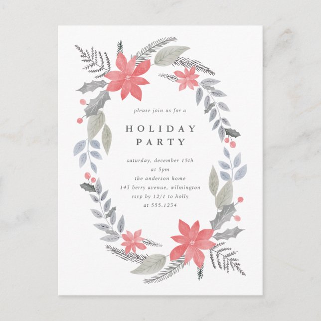 Poinsettia Hand-drawn Wreath Holiday Party Postcard (Front)