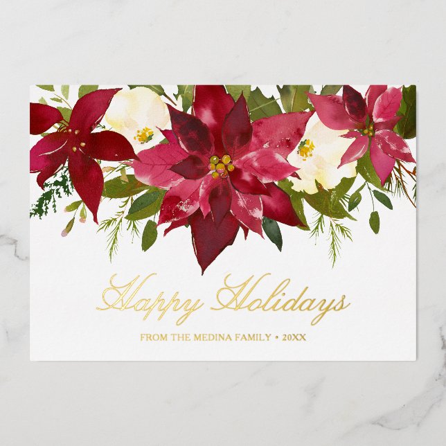 Poinsettia Happy Holidays Elegant Christmas Foil Holiday Card (Front)