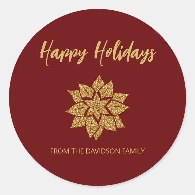  Poinsettia Happy Holidays Glitter Christmas Classic Round Sticker (Front)