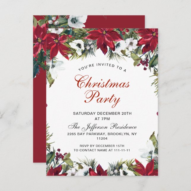 Poinsettia Holiday Christmas Party Invitation Card (Front/Back)