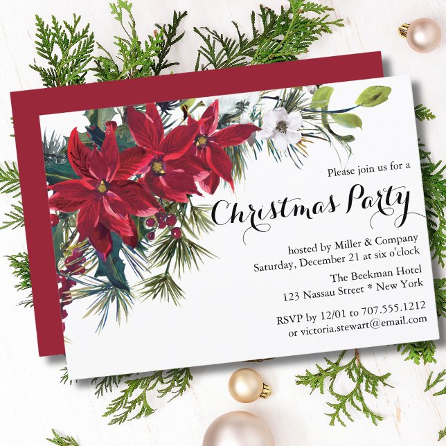 Poinsettia Holiday Floral Christmas Party Company Invitation (Creator Uploaded)
