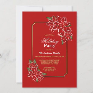 Poinsettia Holiday Party Gold Bordered Red Invitation