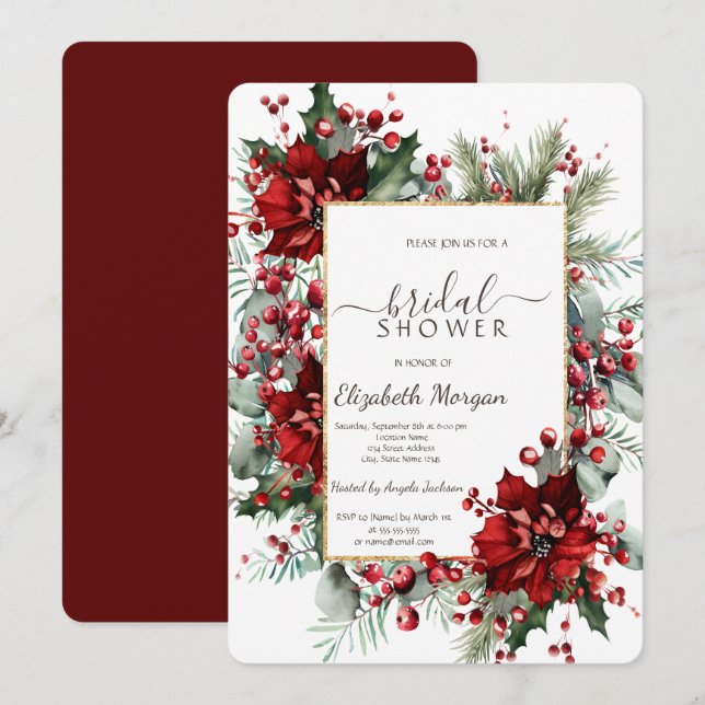 Poinsettia Holiday Winter Bridal Shower  Invitation (Front/Back)