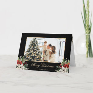 Poinsettia Holly Berries Black Gold Photo Holiday Card