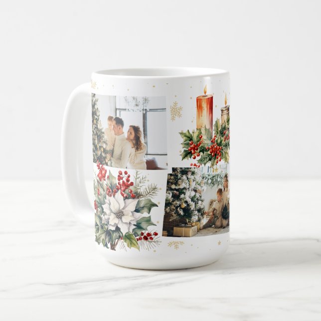 Poinsettia Holly Berries Candles Photo Christmas Coffee Mug (Front Left)