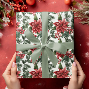 Poinsettia Holly Berries Christmas Wrapping Paper