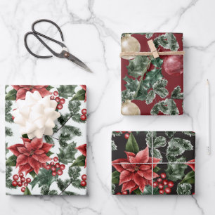 Poinsettia Holly Berries Christmas Wrapping Paper Sheet