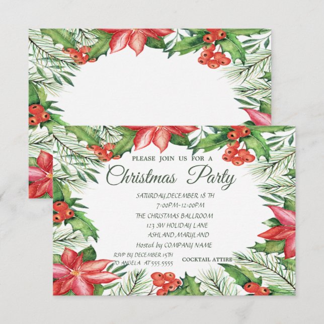 Poinsettia,Holly Berries Company Christmas Party Invitation (Front/Back)