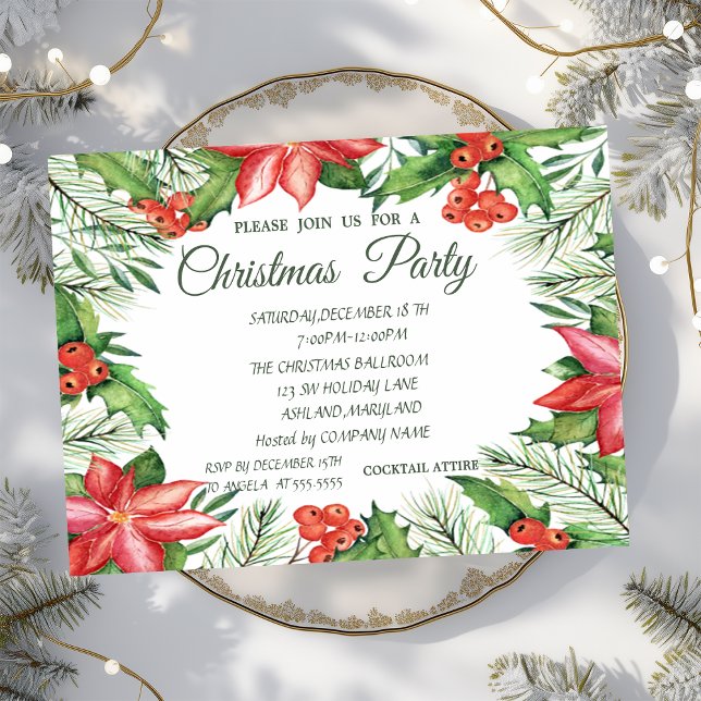 Poinsettia,Holly Berries Company Christmas Party Invitation (Creator Uploaded)