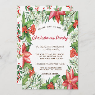 Poinsettia,Holly Berries Corporate Christmas Party Invitation