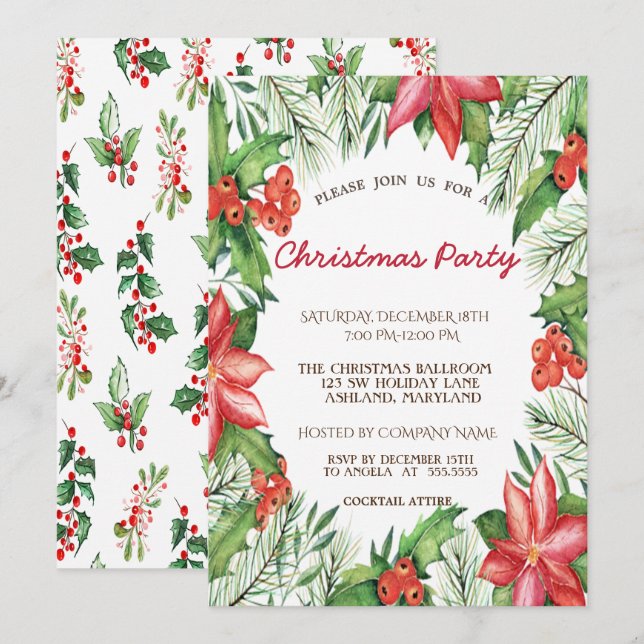 Poinsettia,Holly Berries Corporate Christmas Party Invitation (Front/Back)