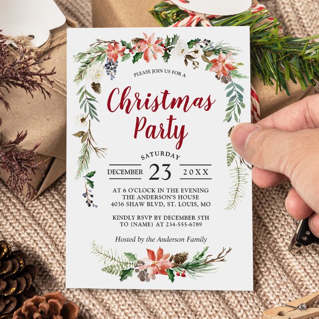 Poinsettia Holly Berries Floral Christmas Party Invitation (Creator Uploaded)