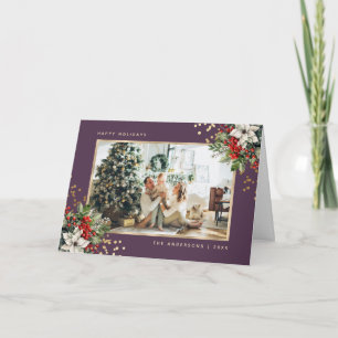 Poinsettia Holly Berries Violet Gold Photo Holiday Card