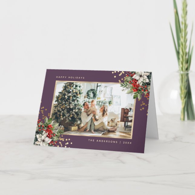 Poinsettia Holly Berries Violet Gold Photo Holiday Card (Front)