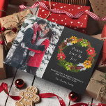 Poinsettia Holly Berries Wreath Christmas Photo Holiday Card<br><div class="desc">Send your family and friends an elegant Christmas card featuring a beautiful festive wreath against a chalkboard background.</div>