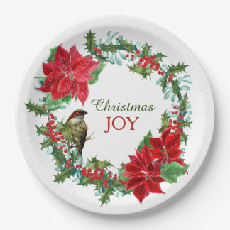 Poinsettia Holly Berry Christmas Wreath Paper Plate