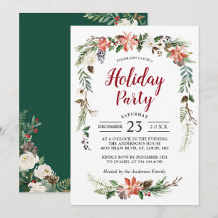 Poinsettia Holly Berry Ivory Floral Holiday Party Invitation