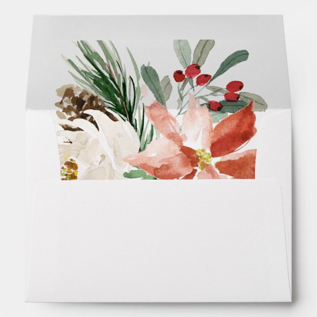 Poinsettia Holly Berry Ivory Floral Holiday Season Envelope (Back (Bottom))