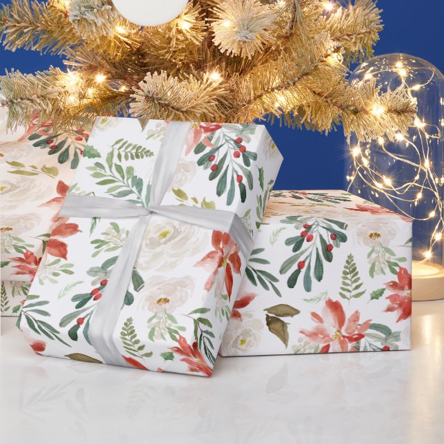 Poinsettia Holly Berry Ivory Floral Holiday Season Wrapping Paper (Holidays)