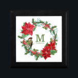 Poinsettia Holly Berry Monogram Christmas Gift Box<br><div class="desc">This pretty Holiday ceramic tile gift box has a vintage image of a holly berry and red poinsettia wreath. At one side perches a bright little bird. At the centre is your monogram in soft matching green,  with your name or other text below it.</div>