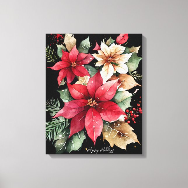Poinsettia Holly Berry Red White Flower Christmas Canvas Print (Front)