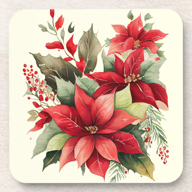 Poinsettia Holly Berry Red White Flower Christmas Coaster (Front)