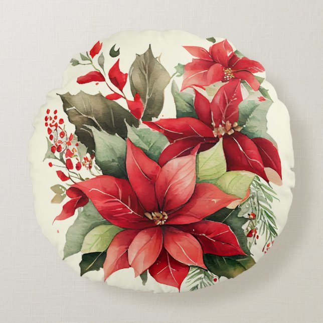 Poinsettia Holly Berry Red White Flower Christmas Round Cushion (Front)