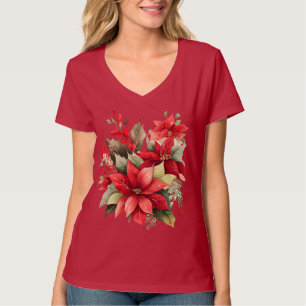 Poinsettia Holly Berry Red White Flower Christmas T-Shirt