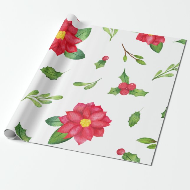 Poinsettia & Holly Christmas Wrapping Paper (Unrolled)