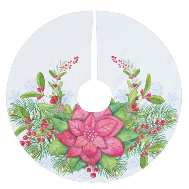 Poinsettia Holly Evergreen Christmas Xmas Brushed Polyester Tree Skirt (Front)