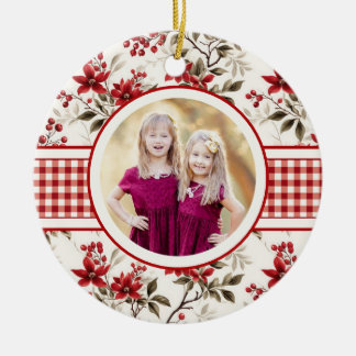 Poinsettia Holly Gingham Border Holiday Photo Card Ceramic Tree Decoration
