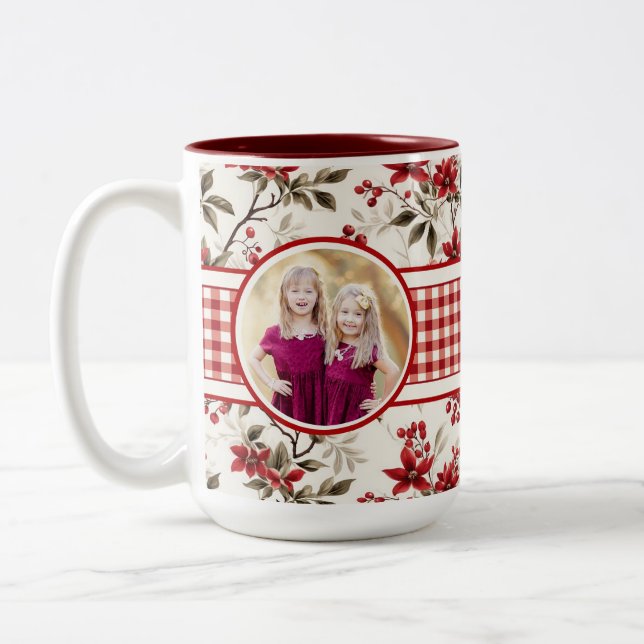 Poinsettia Holly Gingham Border Mug (Left)