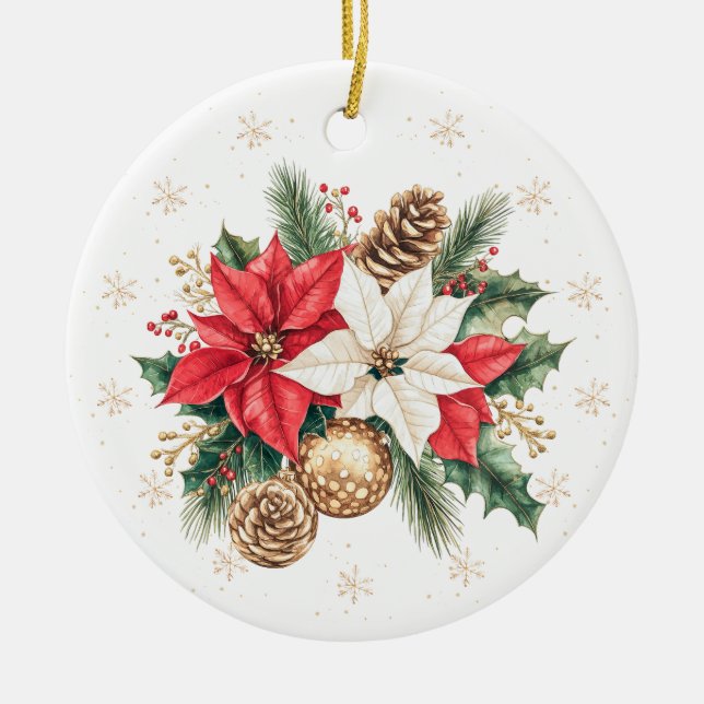 Poinsettia Holly Pine Christmas Photo Ornament (Front)