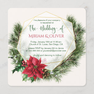 Poinsettia, holly, pine Christmas Wedding Invitation