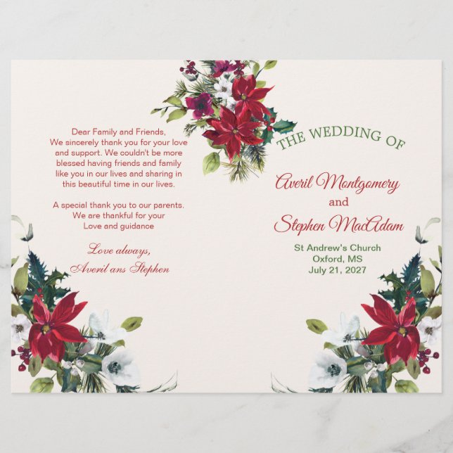 Poinsettia, holly, pine Christmas Wedding Programm (Front)