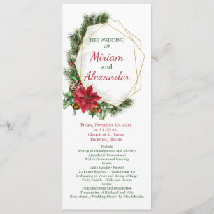 Poinsettia, holly, pine Christmas Wedding Programme