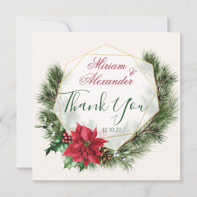 Poinsettia Holly Pine Christmas Wedding Thank You Card (Front)
