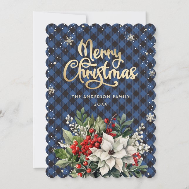 Poinsettia Holly Red Berries Snowflakes Christmas Holiday Card (Front)