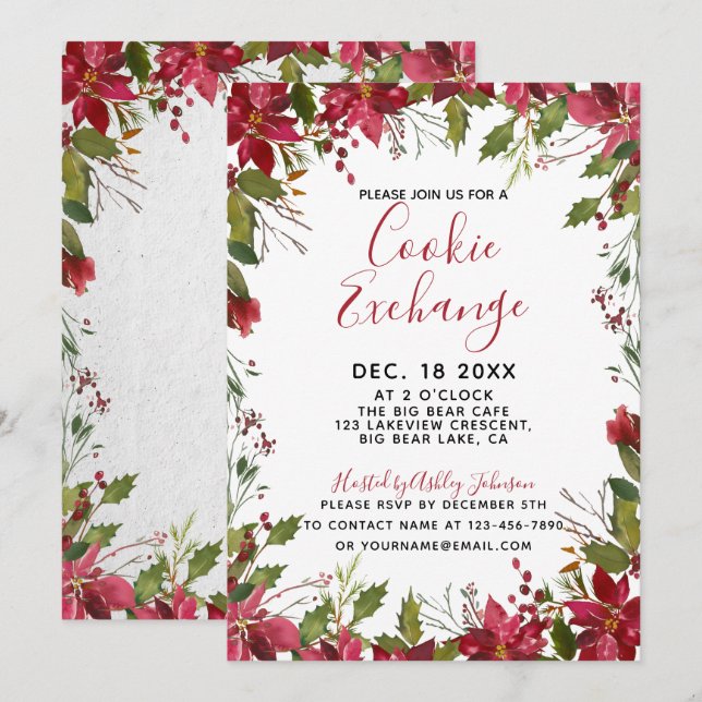POINSETTIA + HOLLY Watercolor Cookie Exchange Invitation (Front/Back)